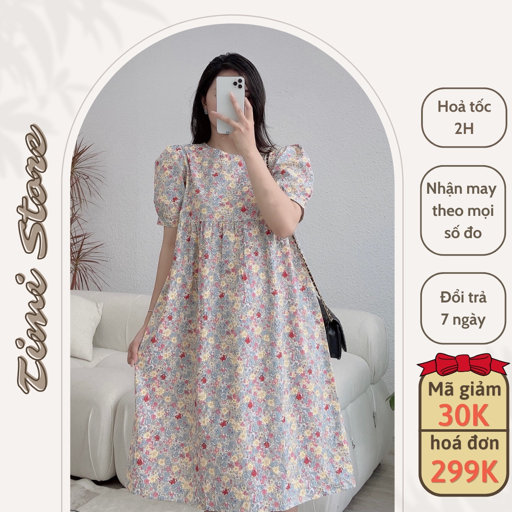 Đầm Bầu Thiết Kế-Váy Suông TiMi VÁY HOA NHÍ 2 TẦNG MÀU GHI, CHẤT THÔ COTTON SIÊU MÁT_GM032GHI