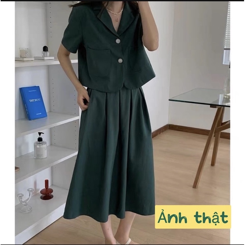 Set chân váy cạp cao phối áo vest ngắn tay