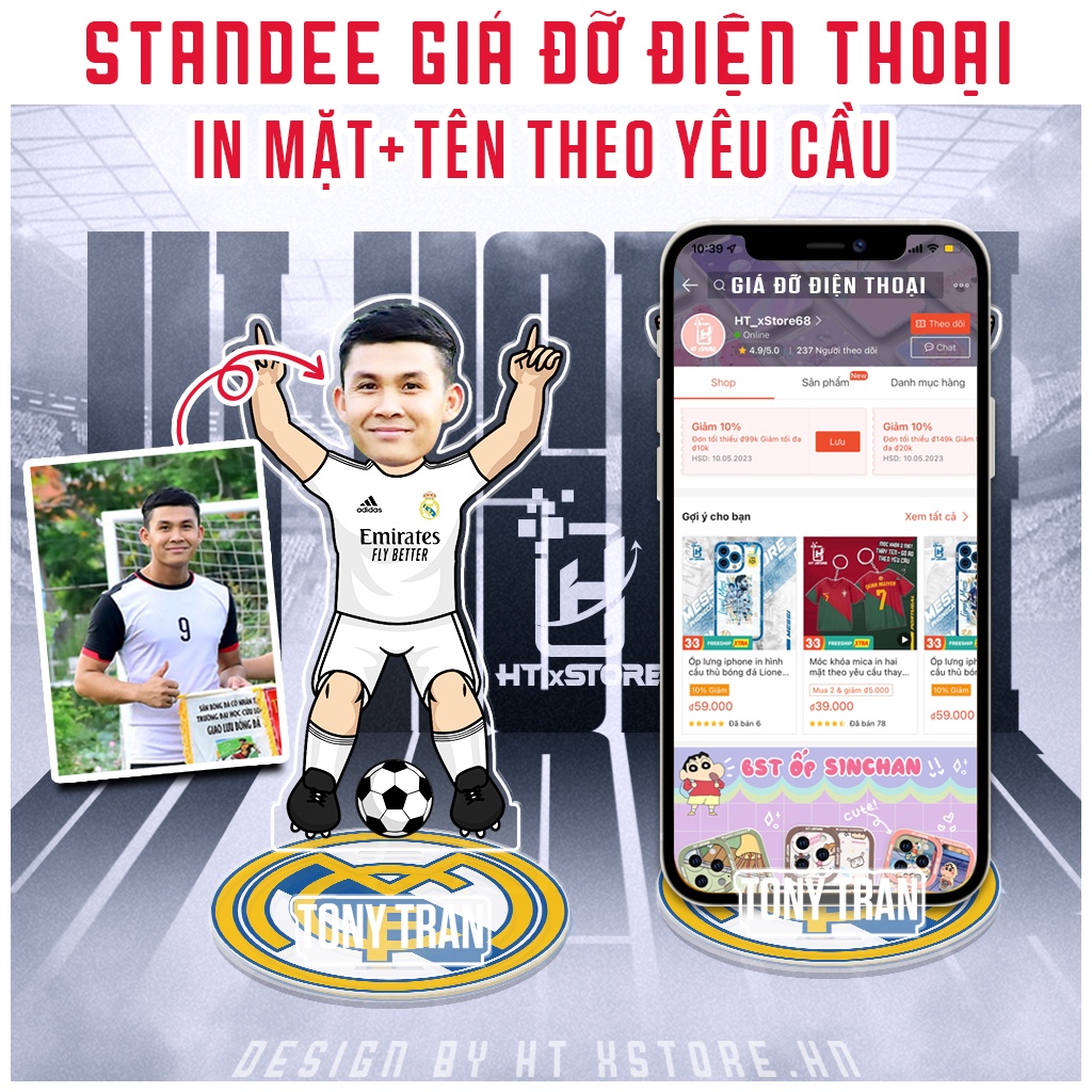 Giá đỡ điện thoại acrylic kiêm standee in theo yêu cầu thay mặt và tên câu lạc bộ bóng đá Real Madrid, MU, MC, Arsenal