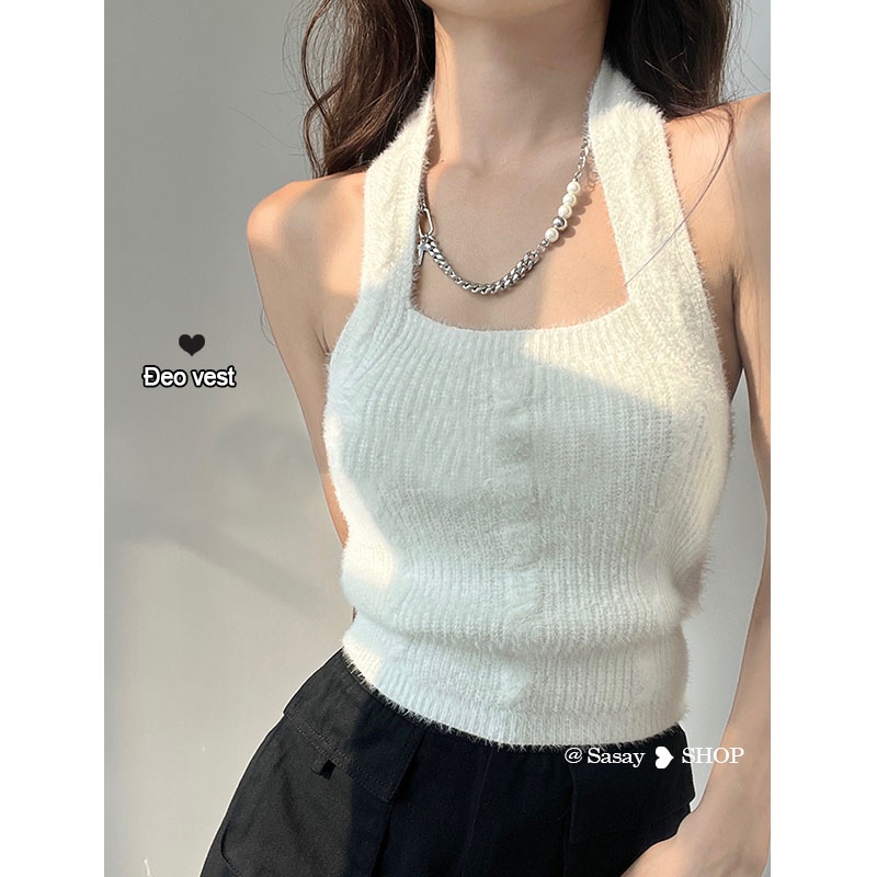 QADCOL Áo Dệt Kim Không Tay Thiết Kế Mỏng Cổ Treo Thiết Kế Sang Trọng Cổ Điển Cho Nữ Mặc Ngoài Trời