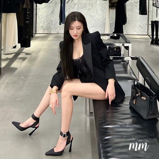 Sandal cao gót bít mũi quai đá vuông lụa fullbox