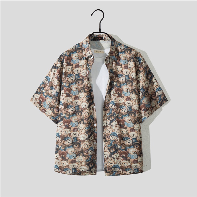Áo Sơ Mi Tay Ngắn In Hoạt Hình Gấu + Quần short Dáng Rộng Thời Trang Mùa Hè 2023 Cho Nam