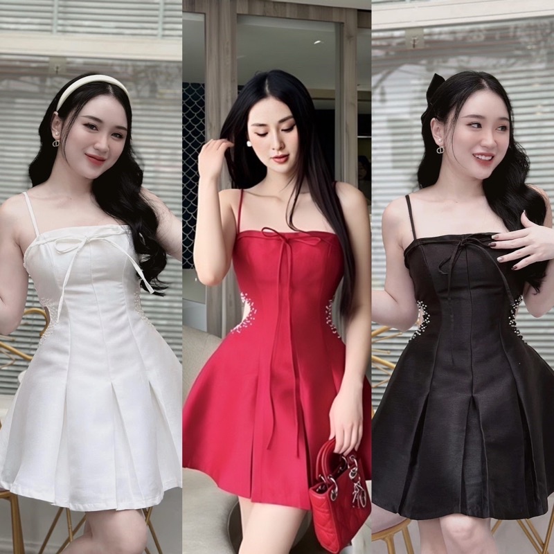 Đầm 2 dây tapta khoét eo đính đá siêu nữ tính, tùng xếp ly tôn dáng