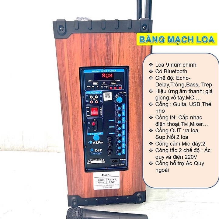 Loa kéo Bluetooth chính hãng AZPRO AZ-12, Bass 30 thùng gỗ cao cấp,âm thanh hay,Tặng 2 mic không dây hát nhẹ,chong hu