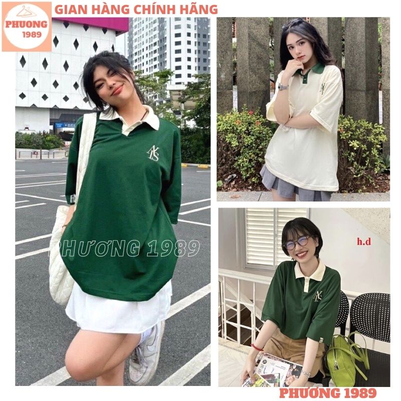 Áo polo XANH TRẮNG cổ sơ mi thêu chữ chất cá sấu cotton cao cấp, Áo thun nam nữ unisex cổ bẻ form rộng thể thao - 1989