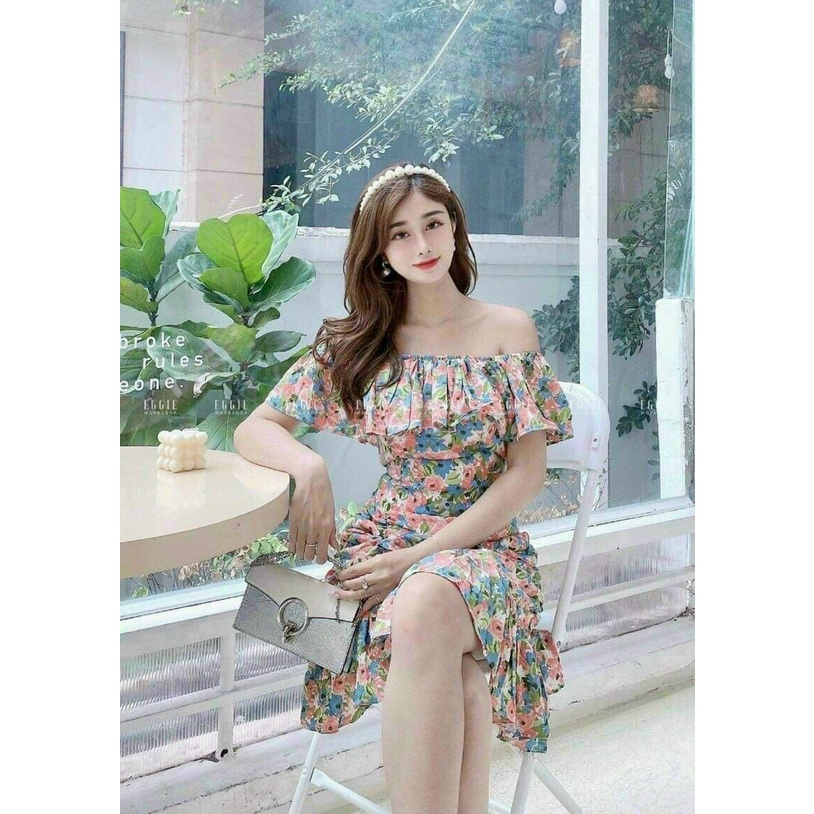 Đầm lụa hoa trễ vai ôm eo cá tính freesize dưới 55kg