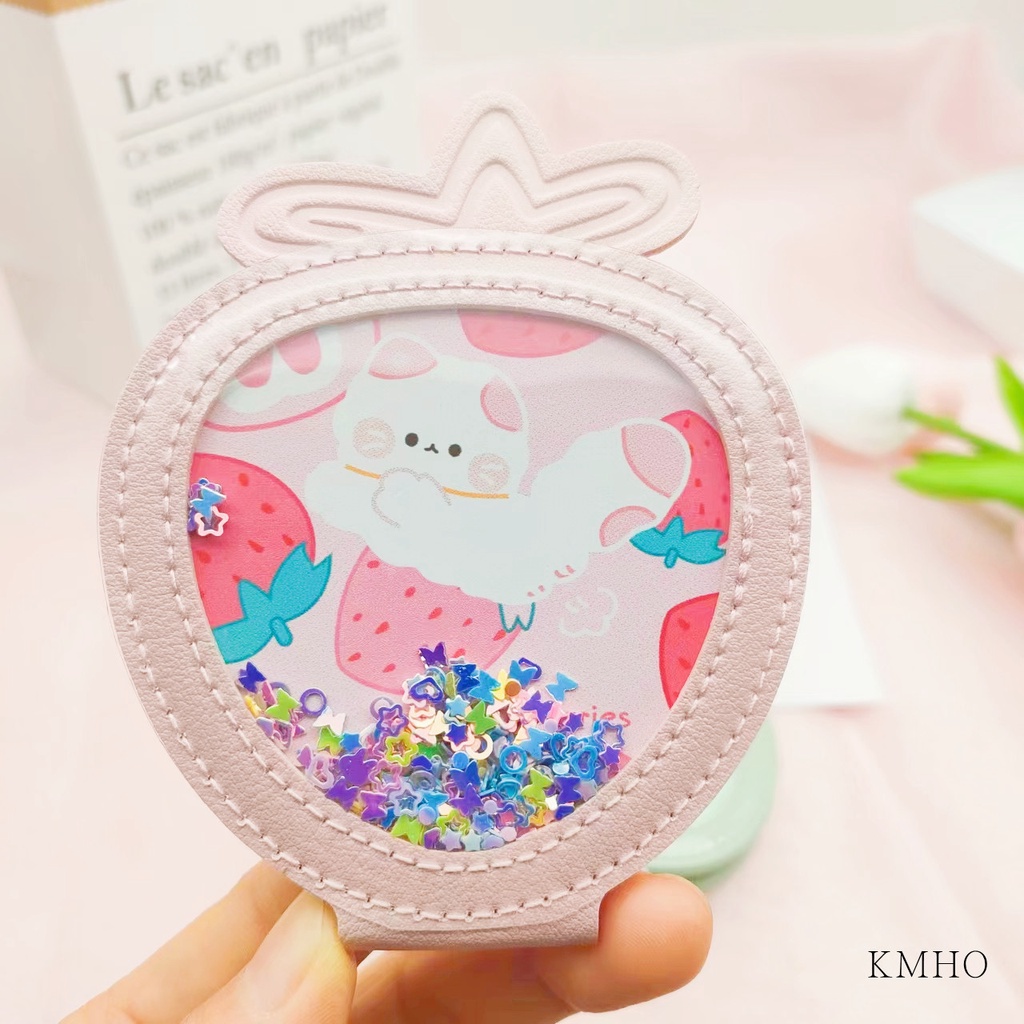 KMHO có thể gập lại Mini trang điểm gương sáng tạo cầm tay gấp PU vẻ đẹp gương sinh viên dễ thương phim hoạt hình gương