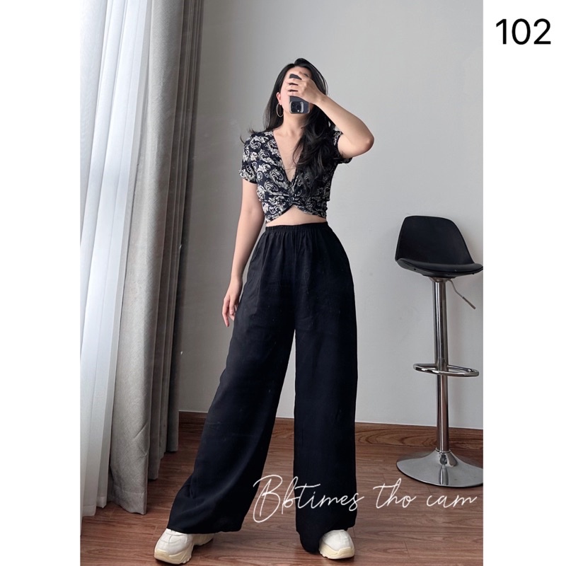 Set Áo Buộc và Quần Ống Rộng Đen Trơn