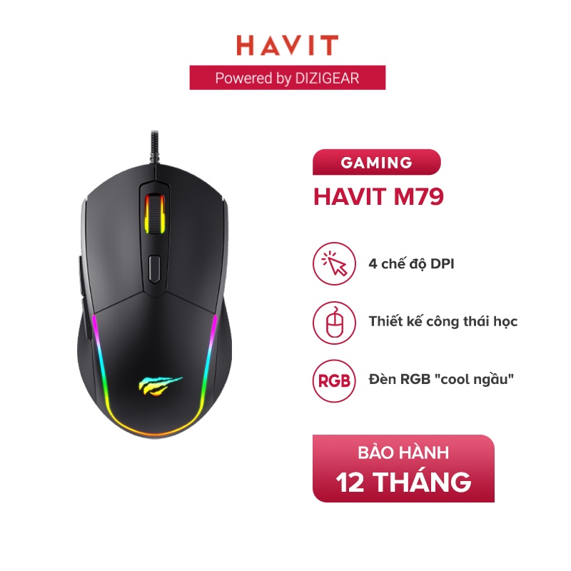 Chuột Gaming HAVIT M79, Đèn RGB, Tích Hợp 6 Nút Điều Chỉnh + 4 Chế Độ DPI, Tuổi Thọ 5tr Lần Nhấn - Hàng Chính Hãng