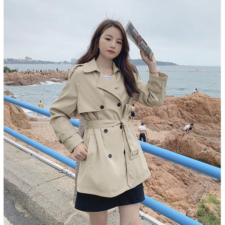 HFASHION Áo Manto Nữ Dáng Ngắn Dây Eo, Áo Khoác Nữ Kaki Dạ 2 Lớp Cúc Cài 2 Màu G143