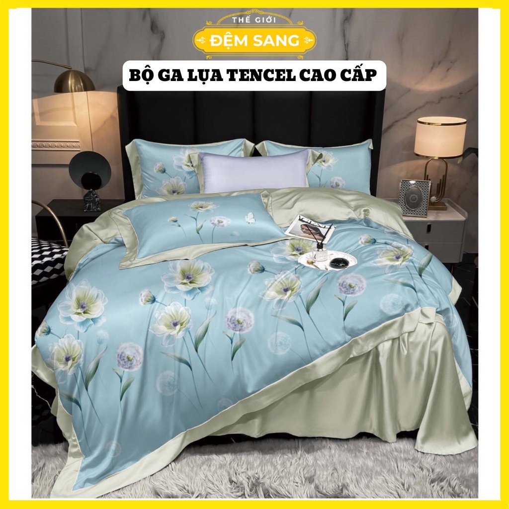 Bộ chăn ga gối lụa tencel cao cấp phủ giường drap - Set Chăn hè tencel gồm chăn trần sẵn, 02 vỏ gối,1 vỏ gối ông và 1 ga