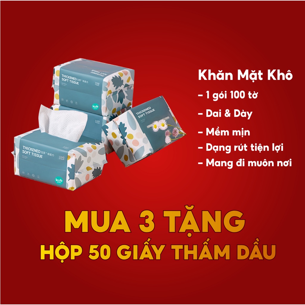 Khăn mặt khô cao cấp KUB, giấy lau đa năng dùng 1 lần có thể tái sử dụng, gói 100 tờ cỡ lớn