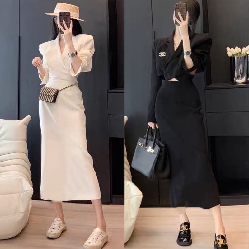 SET ÁO CROPTOP CỔ VEST QUẤN EO KÈM CHÂN VÁY MIDI TRẮNG ĐEN