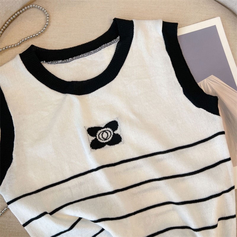 Áo Hai Dây Dệt Kim Ôm Dáng Họa Tiết Kẻ Sọc Màu Tương Phản Phong Cách Hàn Quốc Mới Cho Nữ