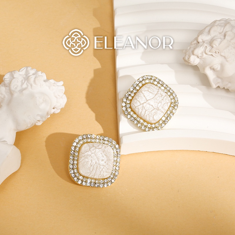 Bông tai nữ chuôi bạc 925 Eleanor Accessories hình vuông bo góc họa tiết vân đá sang trọng phụ kiện trang sức 5489