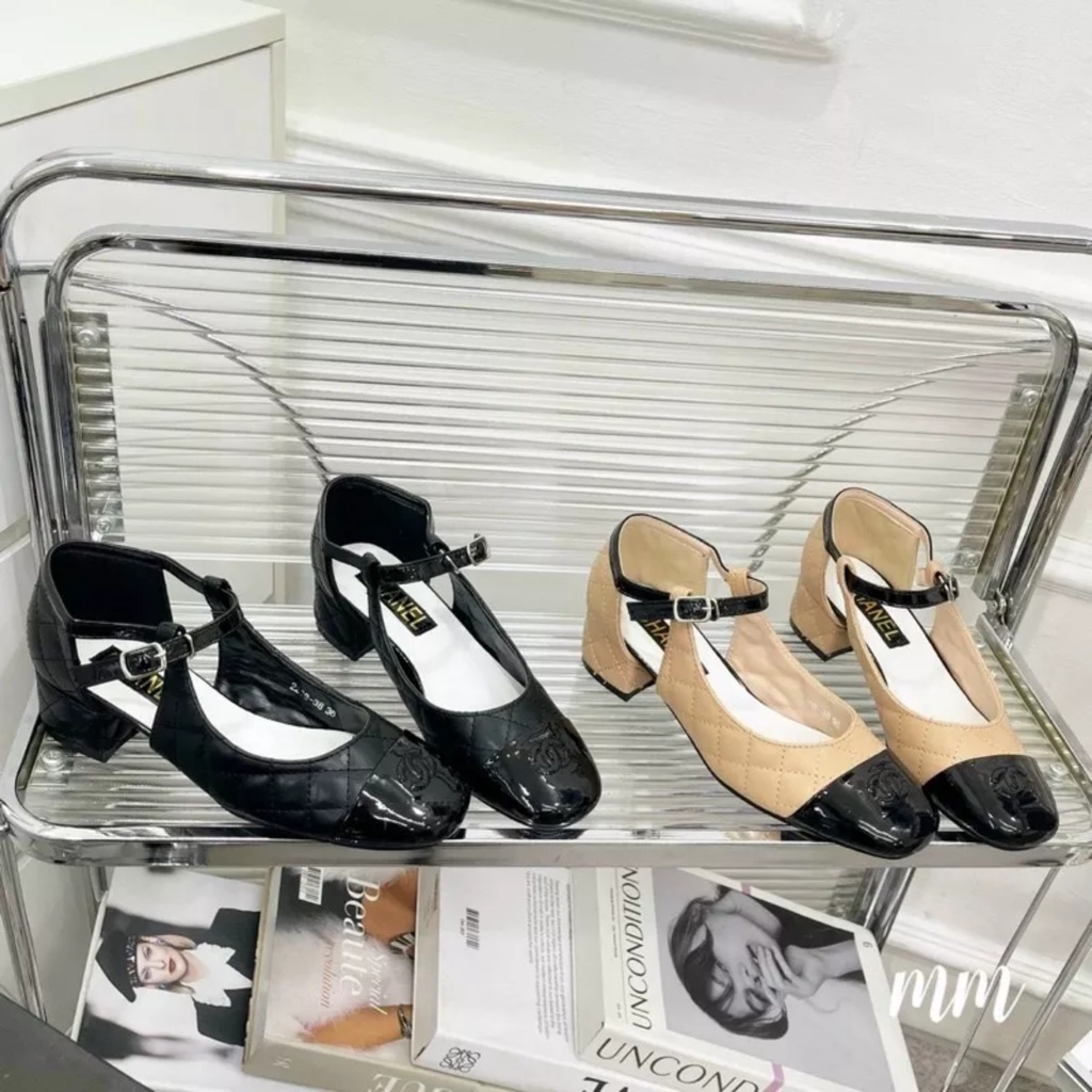 Giày nữ đế thấp hở eo kiểu mới trần chỉ mũi vá bóng CC Nguyên hộp hãng cao cấp