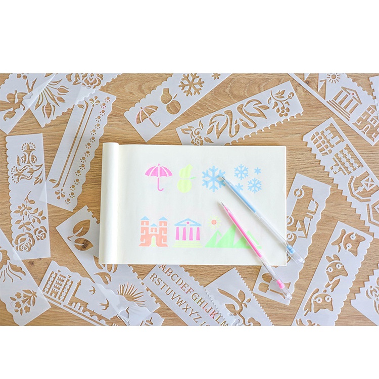 Set 8 Thước Vẽ Hình Trang Trí , khuôn rỗng tập vẽ, thước rỗng vẽ trang trang trí