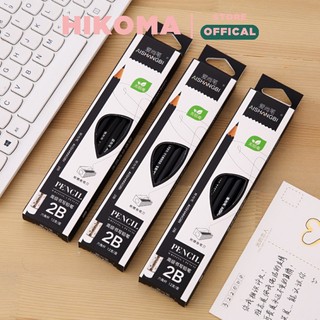 Bút chì 2b ngòi mềm hộp 12 cây - bút chì gỗ có đầu tẩy cho bé văn phòng phẩm Hikoma
