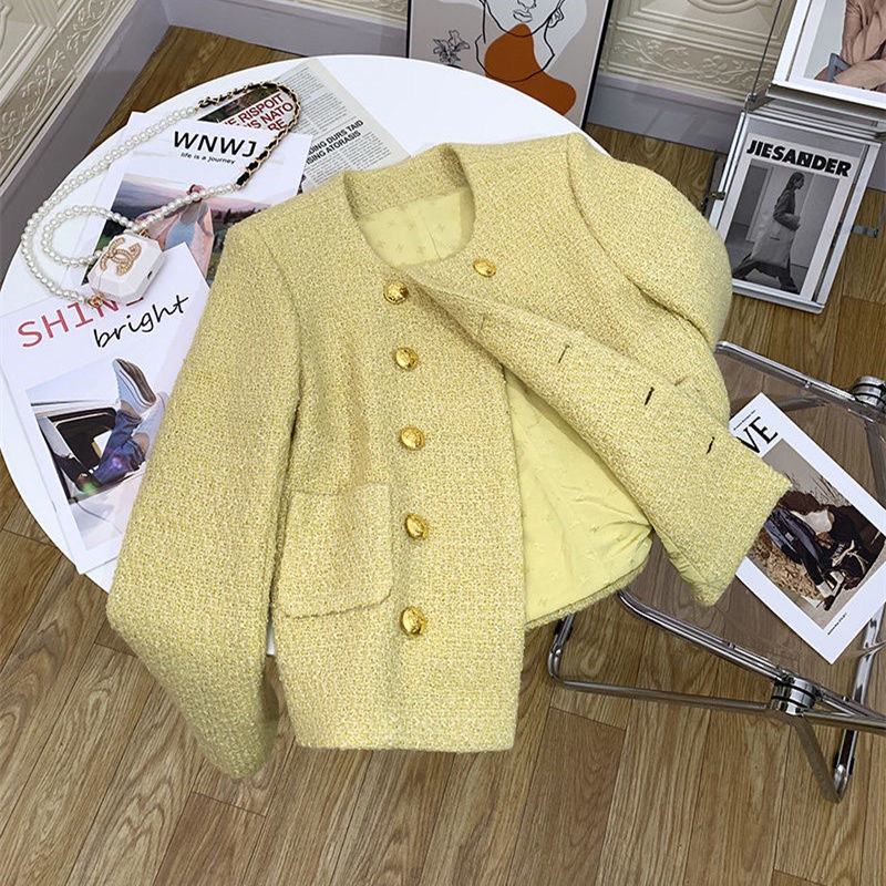 Áo khoác dạ tweed nữ dáng ngắn cúc đồng sang chảnh, tiểu thư 2 màu siêu xinh