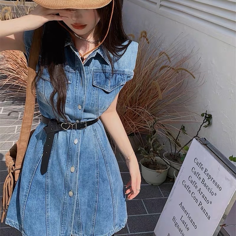 ( Có Đệm Vai Kèm Dây Nịt Loại 1 ) Đầm Jean Denim Xanh Sát Nách Cổ Bẻ Cài Nút Phong Cách Hàn Quốc Trẻ Trung Năng ĐộngQ