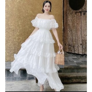đầm maxi trễ vai tầng đi biển ( thời trang bigsize vicky.g - anitagreen) n323