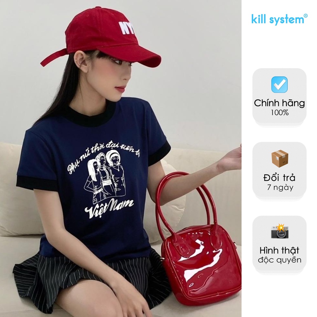 Áo thun nữ Killsystem form fit Tam Nương màu xanh đen hình in chất vải cotton