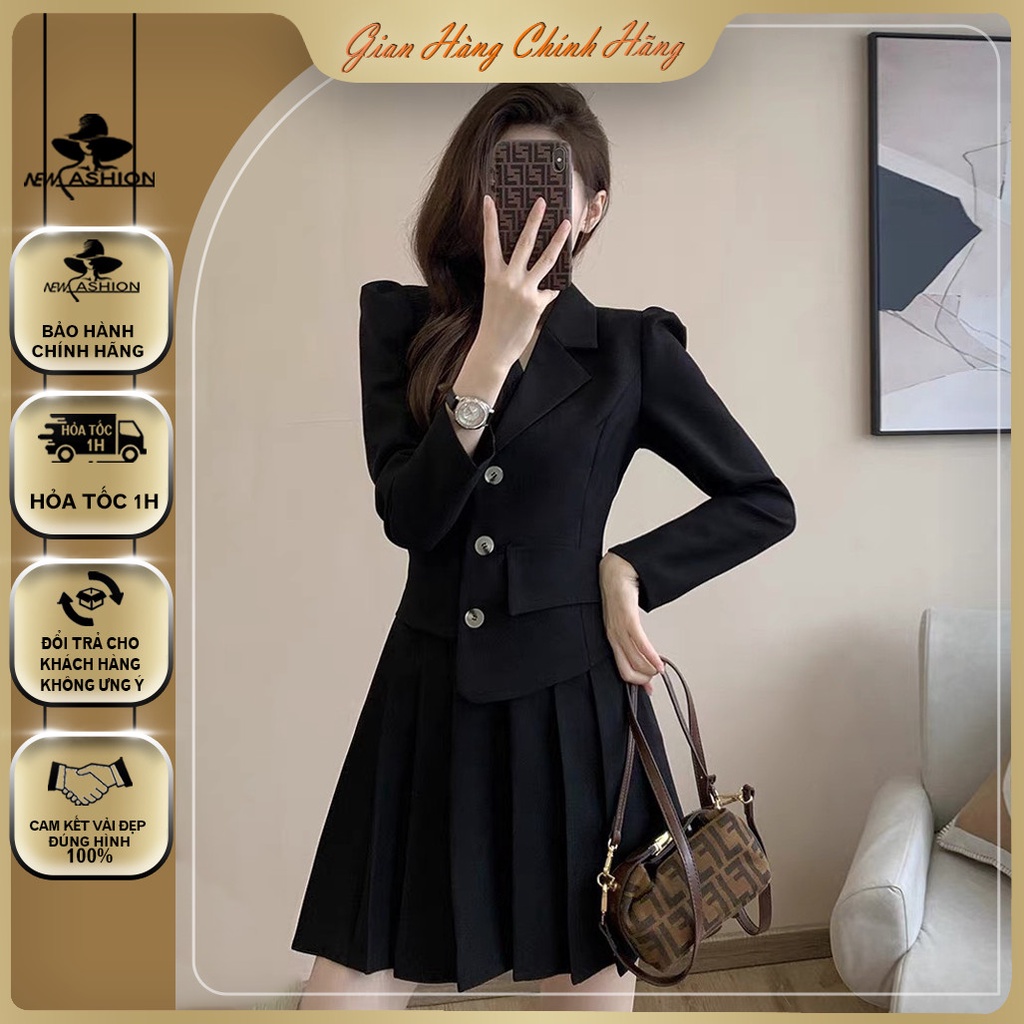 Set đồ nữ gồm áo Vest và chân váy xếp ly phong cách quý cô sang chảnh