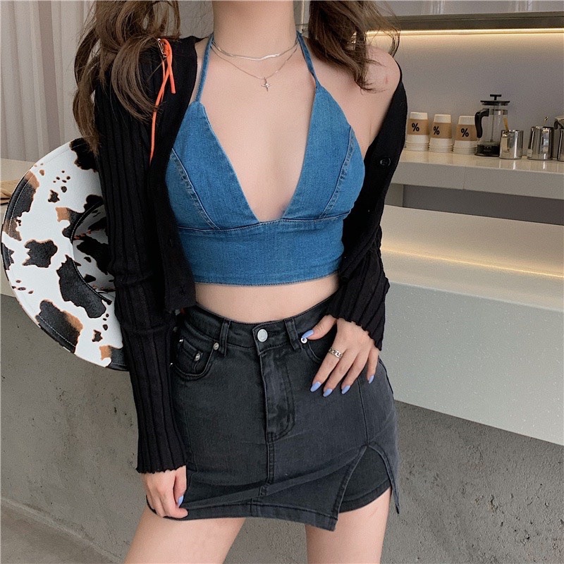 CR204 Áo croptop hai dây denim / jean cúp ngực lưng chun sexy gợi cảm I.LCLOTHING