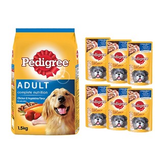 Combo thức ăn cho chó lớn dạng hạt Pedigree vị gà và rau củ 1.5kg + 6 túi thức ăn dạng sốt vị gà nấu sốt 130g/túi