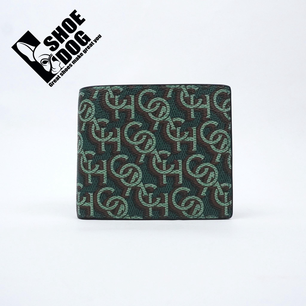 Bóp ví ngắn hàng hiệu nam nữ Coach gập đôi có tặng kèm card holder màu mono xanh chữ Coach