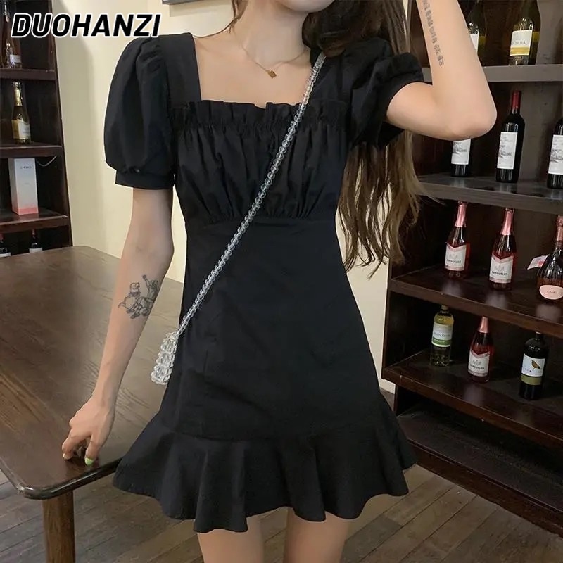 Đầm dài DUOHANZI tay ngắn cổ vuông thời trang Hàn Quốc xinh xắn dành cho nữ