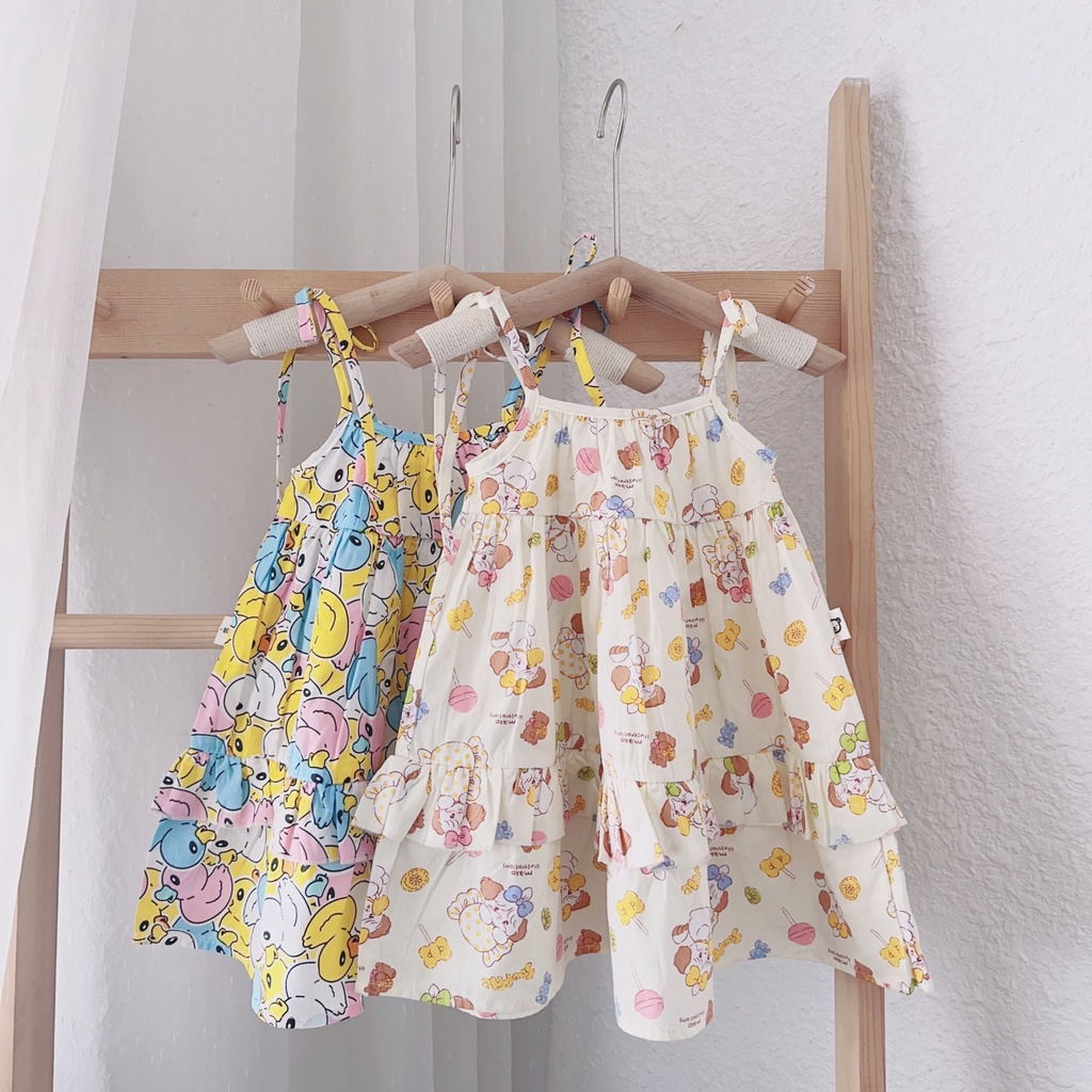 Váy Hoa Nhí 2 Dây Bé Gái WOWKIDS Tùng Váy Phối Bèo Họa Tiết Dễ Thương Cho Bé Từ 10-19kg