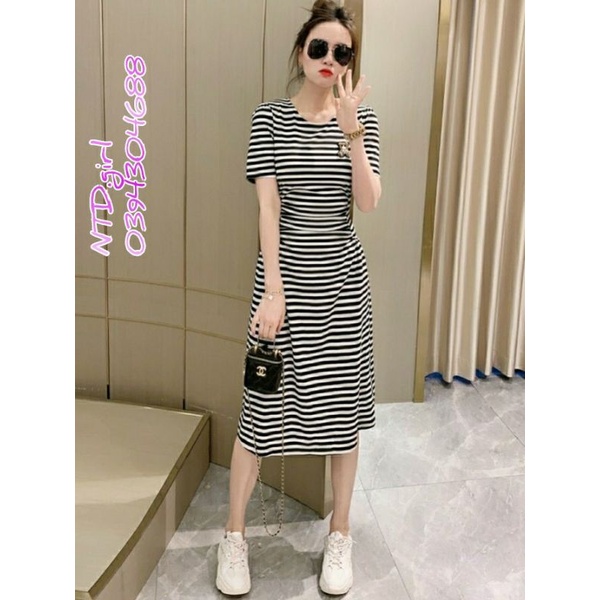 Hàng nhập - Đầm dáng suông xòe nhẹ thun cotton kẻ ngang, váy xuông tay ngắn đính phụ kiện