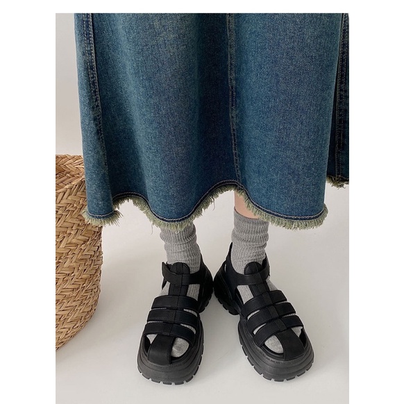 Giày sandal mũi rọ nữ phong cách la mã đế cao 6cm chất liệu vải đế cao su phong cách cá tính ulzzang