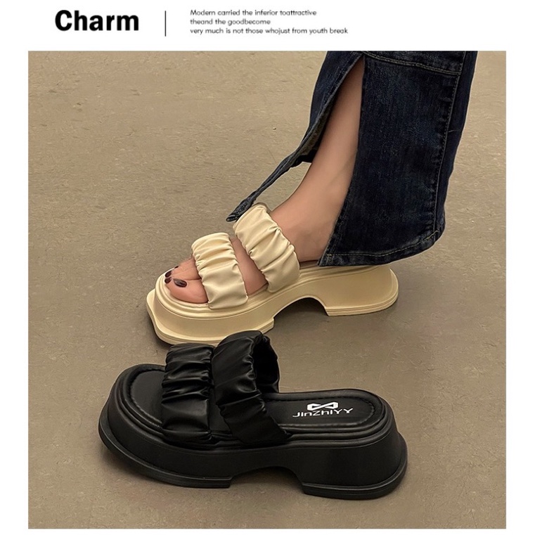 Dép nữ quai nhăn ulzzang đế cao 5cm mũi vuông