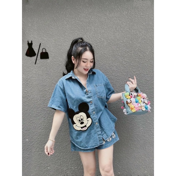 Set Bộ Bò Hình Thêu Xù Nổi Đen Xanh Cho Nữ Loại 1