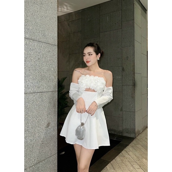 Đầm chữ A cúp ngực bẹt vai tay dài xoắn hoa khoét ngực Trắng Đen Đỏ váy đi chơi dự tiệc sang trọng hotgirl tk party sexy