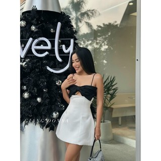 Đầm tafta đen phối nơ trắng, Đầm xoè 2 dây đi tiệc