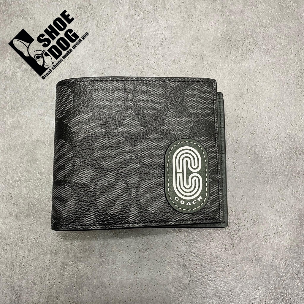 Bóp ví ngắn hàng hiệu nam nữ Coach gập đôi có tặng kèm card holder màu mono đen chữ C xanh rêu