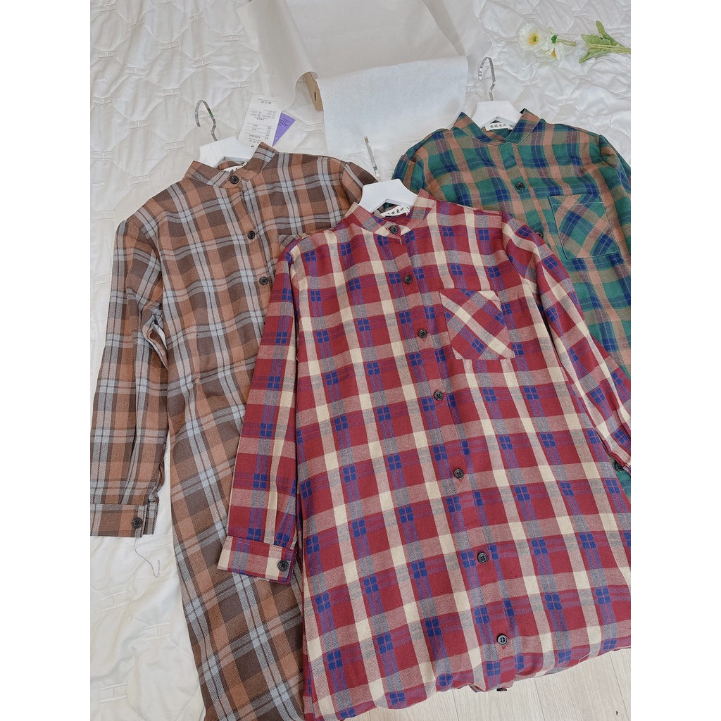 Váy sơmi cổ tàu dáng dài xẻ vạt ,đầm kẻ thô lien mềm đẹp mát mẻ nịnh da-Minxy shop