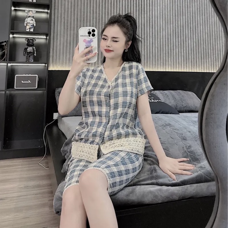 bộ đũi lửng kẻ cổ V phối ren
