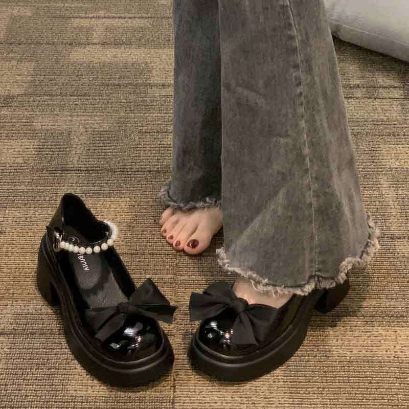 Giày Mary Jane đế dày nơ ngọc trai