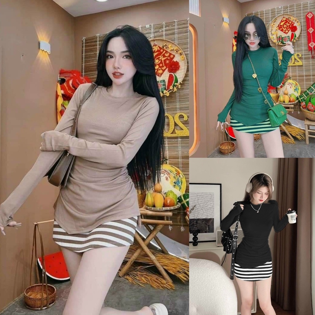 Set bộ đồ body nữ form dài tay mix chân váy sọc ngang xinh xắn, cute dành cho các nàng