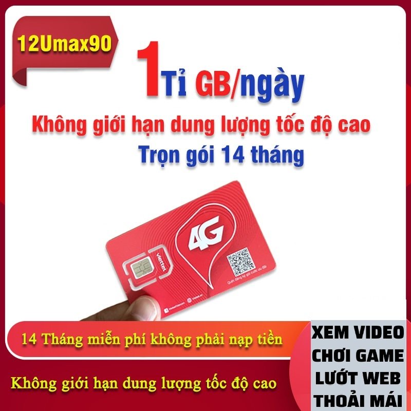 Sim 4G Viettel 12UMAX90 12MXH100 12V90B Full Data Tốc Độ Cao x 12 tháng Trọn gói 1 năm không cần nạp tiền điện thoại