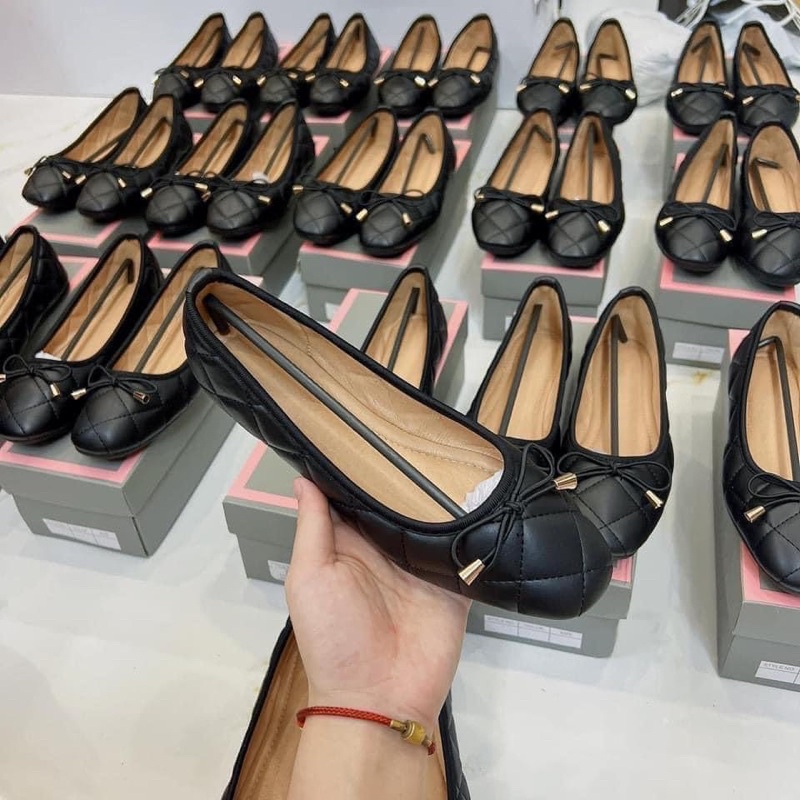 Giày búp bê nữ trám chần đính nơ siêu êm chân