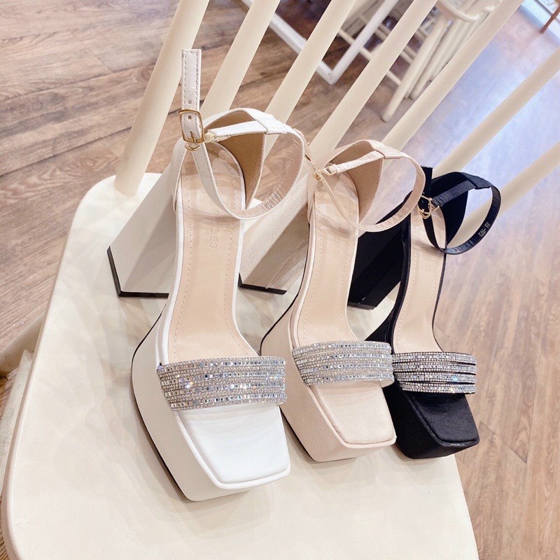 Giầy sandal nữ quai ngang full đá chất liệu da lì,gót trụ cao 14cm siêu đẹp