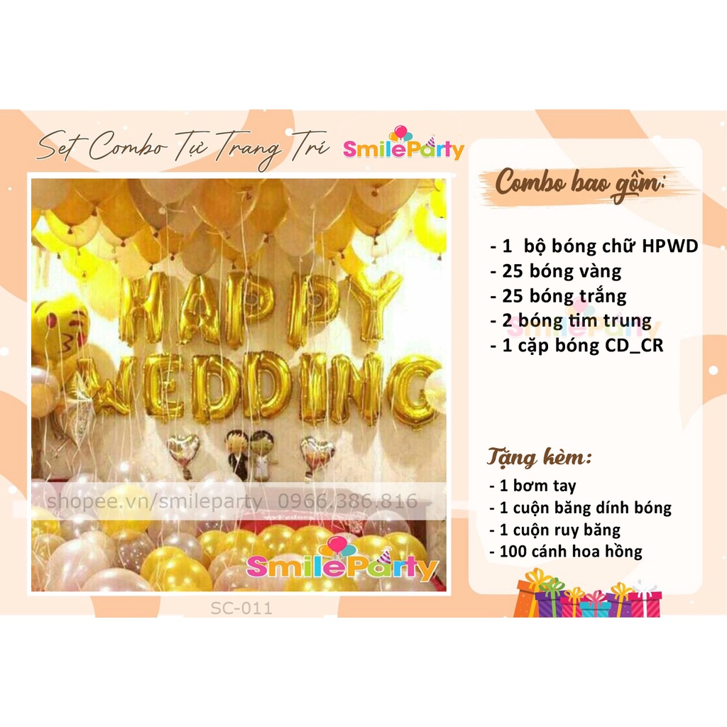 Set Bóng Trang Trí Phòng Cưới HOT 2023, Bóng Bay Trang Trí Phòng Cưới , Bóng Chữ happy Wedding