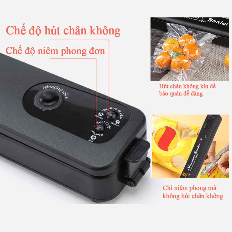 Máy Hút Chân Không Thực Phẩm Vacuum Sealer Mini Cao Cấp, Kèm Hàn Miệng Túi, Tặng Kèm 10 Túi Hút, Gia Dụng Mini Tiện Dụng