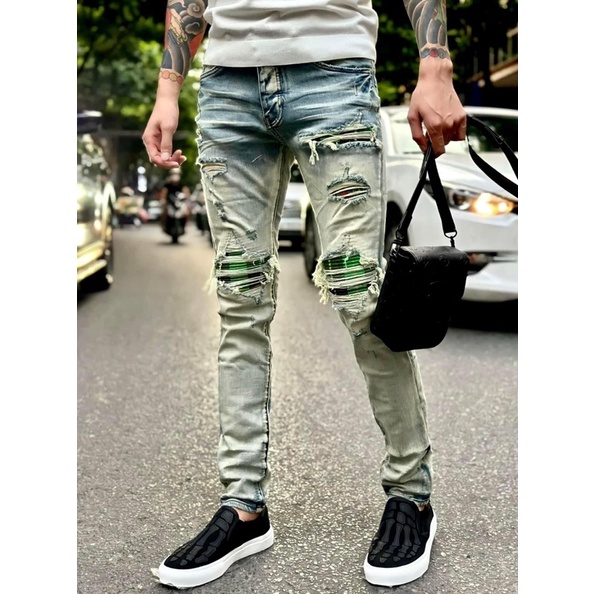 ⚡️[Hight Quality] - Quần Bò Amiri - Jeans Amiri Đen Vá Trắng ( Vá Da  ) Dáng Biker - Hàng Loại 1 Chất Liệu Jean Cao Cấp