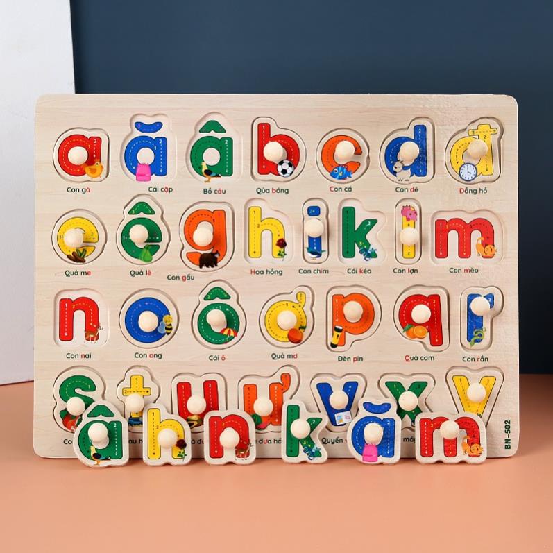 Đồ chơi bảng ghép hình núm gỗ,Bảng Núm Gỗ Ghép Hình,Chữ,Số... cho Bé